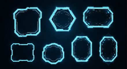Futuristic holographic HUD elements and futuristic UI frames glowing with vibrant blue light on a dark background