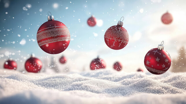 Festive christmas ornaments float above a snowy winter landscape