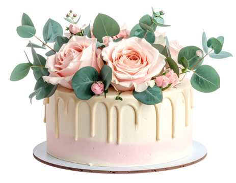 Floral pastel birthday cake with roses and eucalyptus leaves, isolated on a transparent background, PNG 