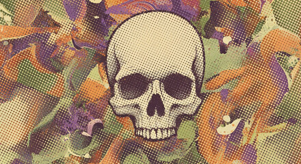 Striking vintage halftone skull art with vibrant abstract background evokes a sense of edgy, modern design perfect for bold statements and creative projects.
