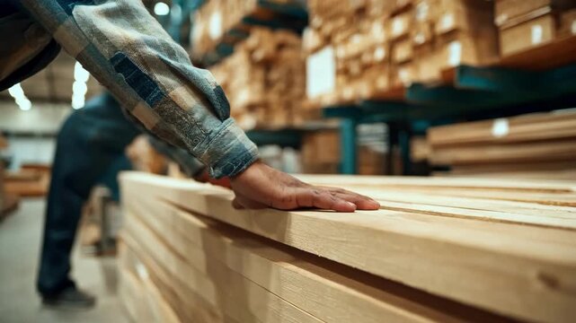 Closeup medium shot of a skilled worker stacking lumber tightly for maximum space efficiency in a storage facility.