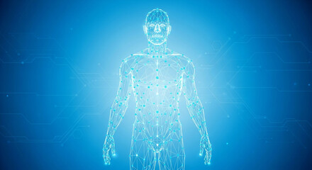 Stunning digital human wireframe model glows with futuristic network connections on a vibrant blue tech background