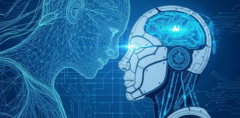 Futuristic AI robot and human digital brain connection symbolizing future technology and artificial intelligence collaboration
