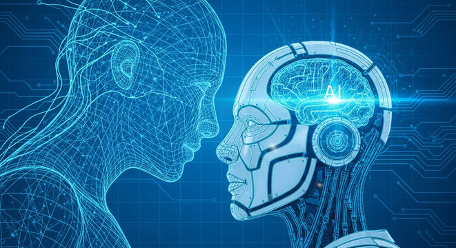 Futuristic AI and human consciousness merge exploring advanced technology and digital intelligence with a glowing neural network