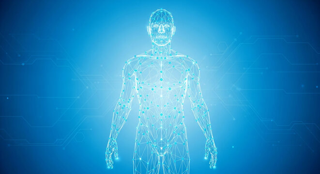 Stunning digital human wireframe model glows with futuristic network connections on a vibrant blue tech background - Powered by Adobe