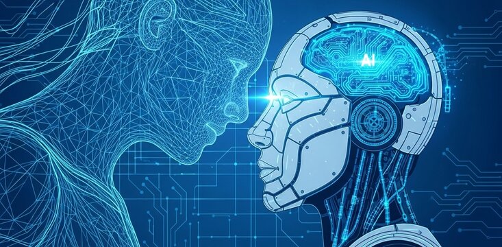 Futuristic AI robot and human digital brain connection symbolizing future technology and artificial intelligence collaboration