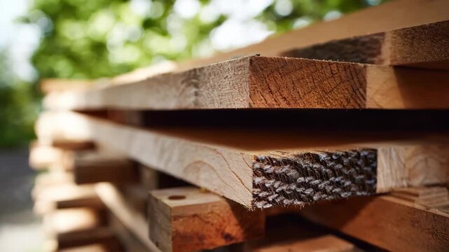 Medium shot capturing a stack of lumber outdoors with spacers separating layers illustrating natural airdrying techniques that prevent warping and enhance wood durability.