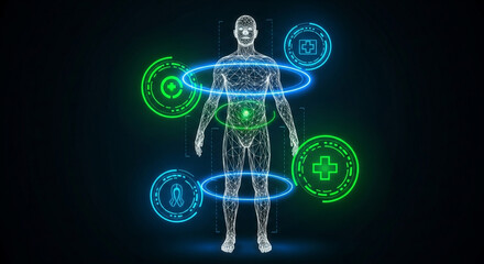 Futuristic human anatomy scan with glowing health indicators and medical icons, perfect for health tech innovation and medical research visuals