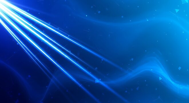 Abstract blue background with glowing light trails and sparkling particles