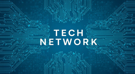 Dynamic blue tech network circuit board background with glowing digital lines connecting global data flow