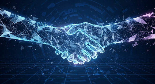 Dynamic digital handshake symbolizes global connection, partnership, and futuristic business collaboration in abstract network