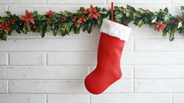 Snowy scene of a red Christmas stocking hanging on a white brick wall decorated with garlands, wall, garland - Powered by Adobe