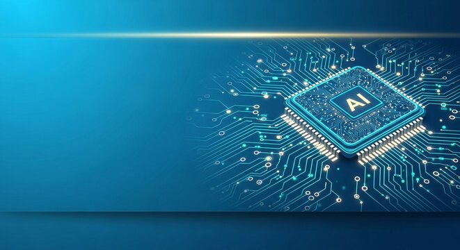 Advanced AI processor powering futuristic digital circuit board with glowing connections, representing innovation and future technology.