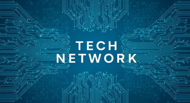 Dynamic blue tech network circuit board background with glowing digital lines connecting global data flow - Powered by Adobe