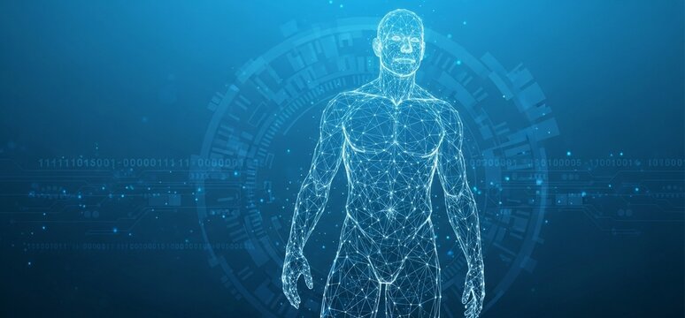 Dynamic digital human form rendered in glowing blue network mesh against a futuristic tech background with binary code, representing health, science, and innovation.
