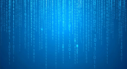 Dynamic blue digital rain cascades with glowing binary code, representing data flow and technology innovation in a modern cyberspace.