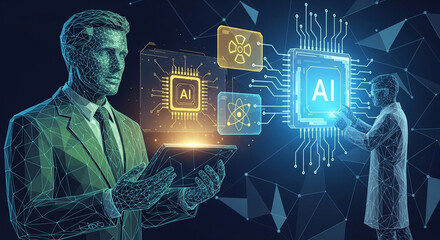 Dynamic businessmen interact with glowing AI interfaces and futuristic circuits, envisioning technological innovation and digital transformation.