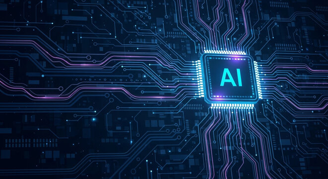 Stunning AI chip powering futuristic digital network connections with vibrant glowing circuits and data streams