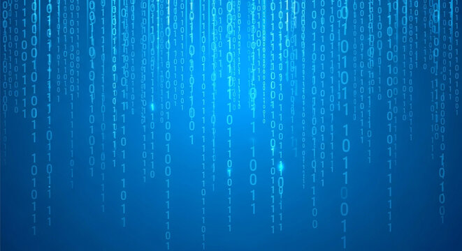 Dynamic blue digital rain cascades with glowing binary code, representing data flow and technology innovation in a modern cyberspace.