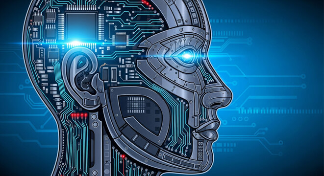 Stunning AI robot head graphic with glowing blue eye and intricate circuit board details, symbolizing futuristic technology and intelligence.