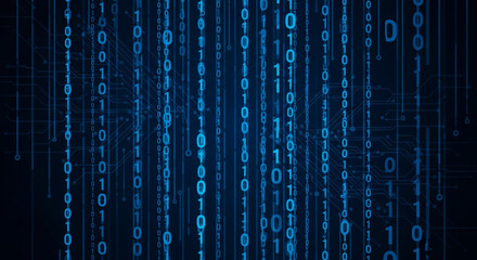 Dynamic digital streams of glowing blue binary code cascade against a dark technological background, representing data flow and innovation.