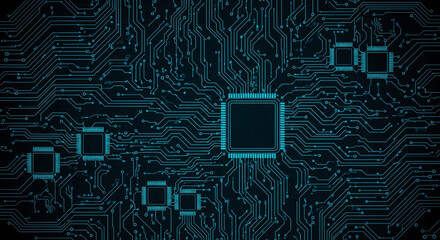 Stunning digital circuit board pattern with glowing blue lines and integrated chips, perfect for technology innovation concepts