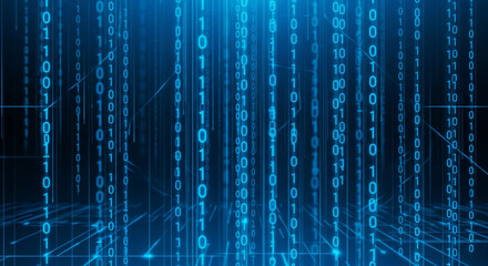 Dynamic blue digital stream of binary code cascades, representing futuristic technology, data flow, and complex algorithms in a vibrant, abstract network.