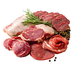 Raw steak and sausage assortment with rosemary and peppercorns  high quality transparent PNG