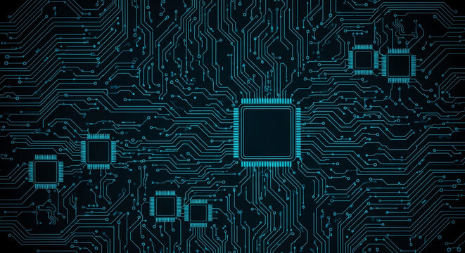 Stunning digital circuit board pattern with glowing blue lines and integrated chips, perfect for technology innovation concepts