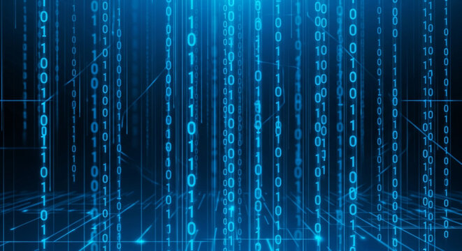 Dynamic blue digital stream of binary code cascades, representing futuristic technology, data flow, and complex algorithms in a vibrant, abstract network.