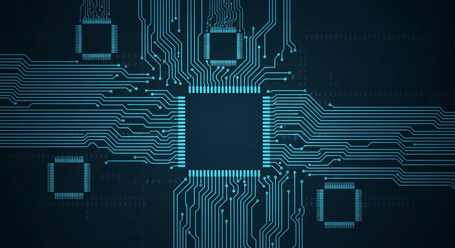 Intricate blue circuit board pathways connect processors on a dark digital background, symbolizing advanced technology and data flow - Powered by Adobe