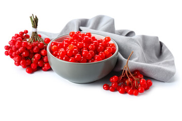 Grey bowl with fresh viburnum berries on white background