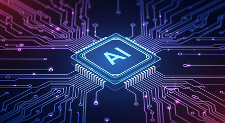 Stunning AI chip powering futuristic digital circuits with glowing data pathways, symbolizing advanced technology and innovation for modern business solutions
