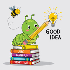 Cute green caterpillar holding pencil sitting on stacked books with glowing light bulb and bee for kids learning illustration. Education concept