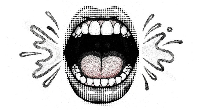 Dynamic open mouth with expressive sound waves, conveying strong emotion and communication in a bold graphic style