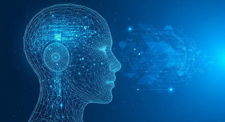Stunning blue digital wireframe human head with glowing circuits and futuristic geometric patterns symbolizes AI and advanced technology