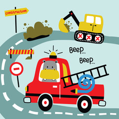 Cartoon hippo driving red fire truck near excavator in construction zone on curved road for kids poster design. Transportation concept