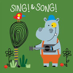 Cute cartoon hippo playing guitar beside red bird under tree on green background for kids music design. Music concept