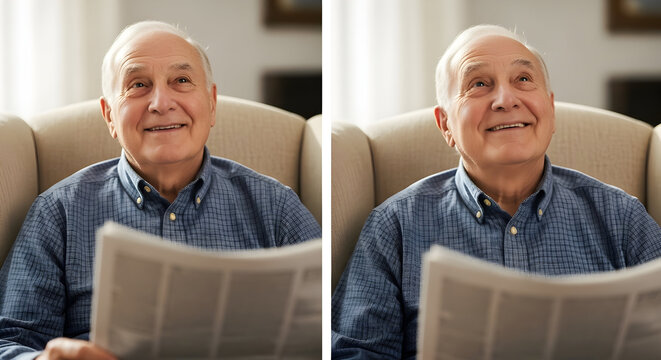 Elderly man smiling while reading a newspaper indoors, looking up happily