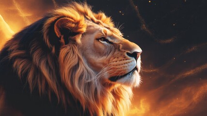 Majestic Lion's Gaze: A stunning portrait of a lion, radiating regal power with piercing eyes, set against a backdrop of golden light, evoking a sense of nobility and untamed wilderness.