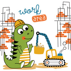 Green cartoon dinosaur wearing construction helmet playing with excavator near bricks in funny kids background. Construction concept