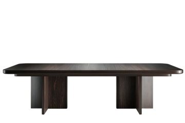 Low, dark wood table with thick legs, on a solid black backdrop