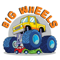 Cartoon yellow monster truck with giant wheels crushing small cars in colorful kids illustration. Vehicle concept