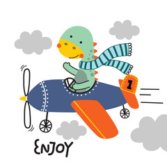 Green dinosaur cartoon flying airplane with blue scarf in cloudy sky for cute children t shirt design. Adventure concept