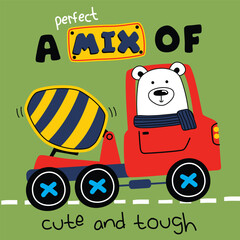 White polar bear cartoon driving red cement mixer truck with playful expression for kids poster design. Transportation concept