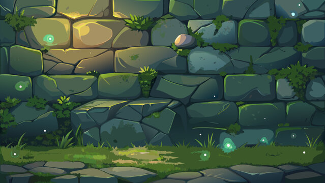 Cartoon game background of an ancient mossy stone wall and cobblestone ground, featuring soft glowing lights and creeping vines. A side-scrolling asset for jungle, dungeon, or fantasy levels.