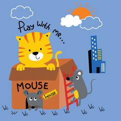 Cute cat and mice playing near cardboard box cartoon illustration