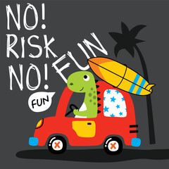 Cute dinosaur driving car carrying surfboard tropical beach illustration