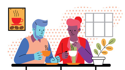 Two people having coffee together in modern cafe illustration
