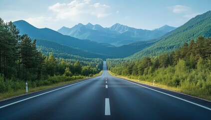 Fototapeta premium A scenic highway stretches through lush forests, leading to majestic mountains under a clear blue sky, inviting exploration and adventure.